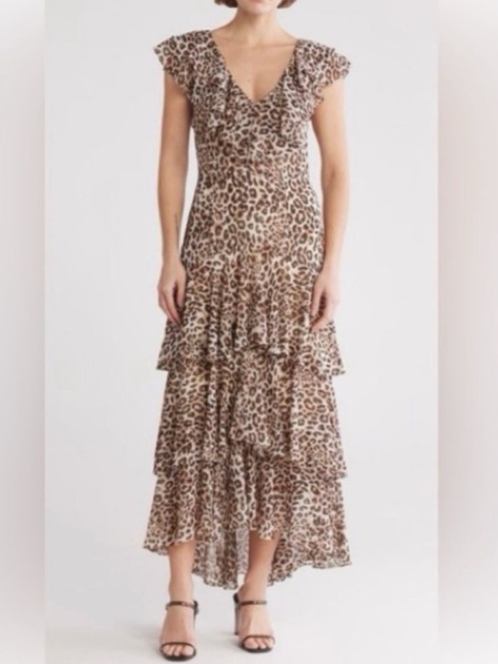 WAYF Leopard Print Ruffle Tiered High Low Maxi Dress Whimsygoth Women's S EUC